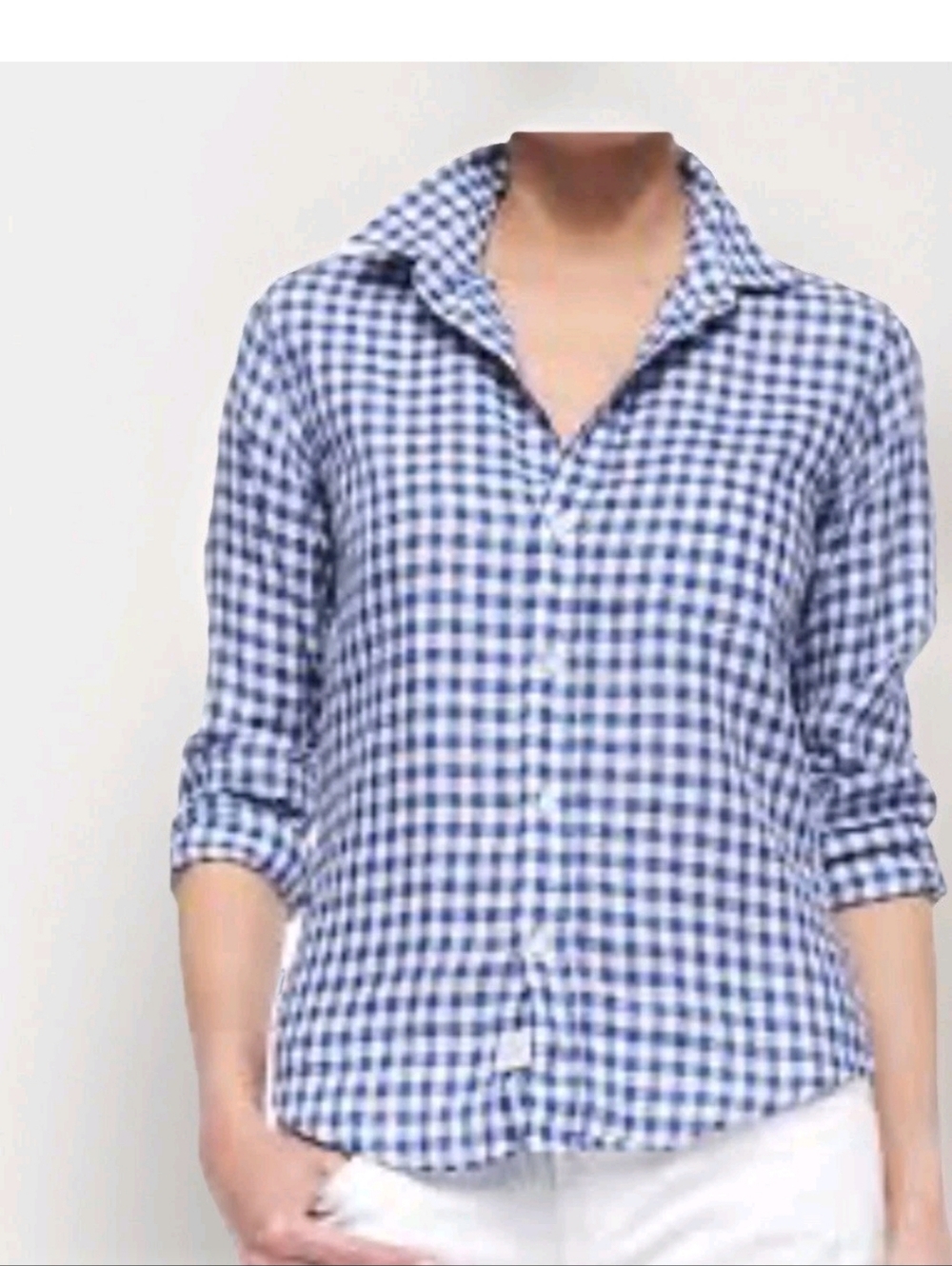 Frank & Eileen Barry Crinkle Shirt Blue White Gingham Casual Button Up Size XS